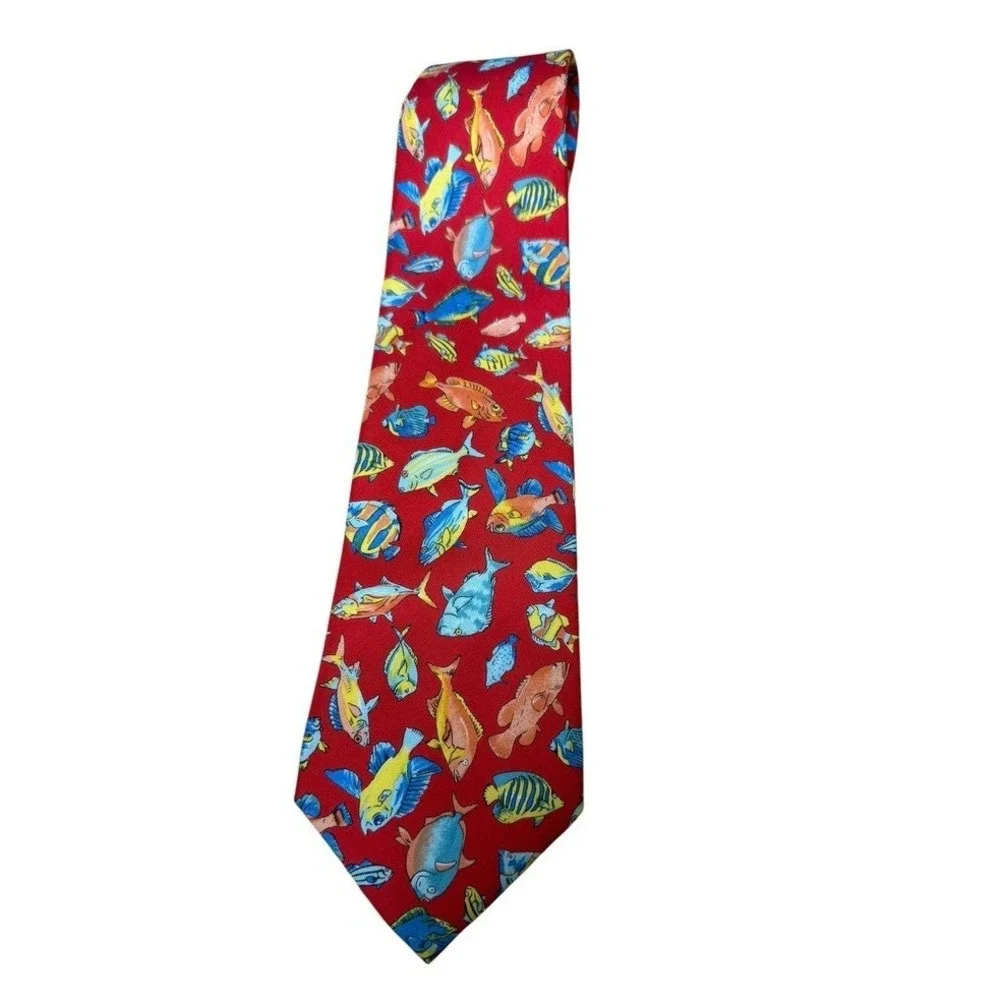 Gucci Mens Red Silk Tropical Fish Print Italian Designer Necktie Accessory‎ READ